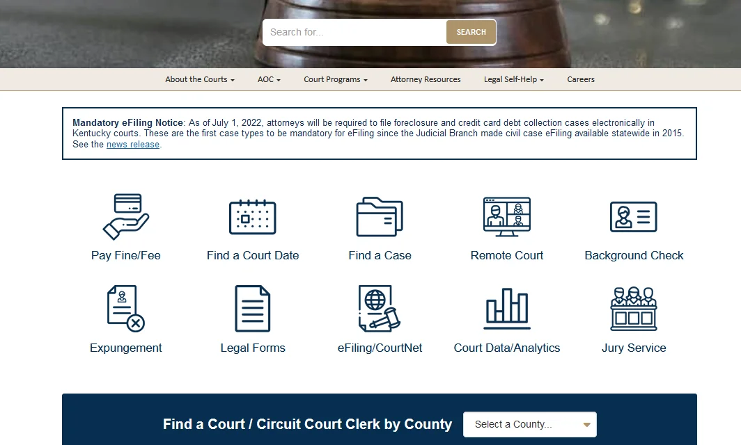 Kentucky state court website search function to find free Kentucky warrant search and criminal records within the courthouse database.