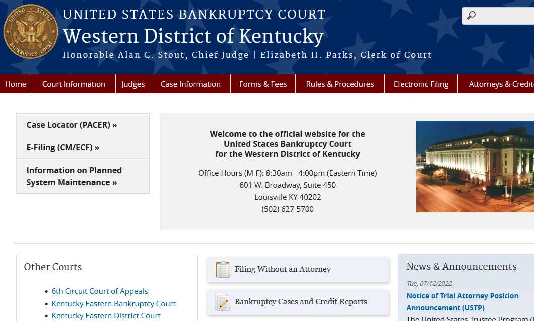 Screenshot of Western District Court website for free Kentucky divorce records search and free bankruptcy KY search. 
