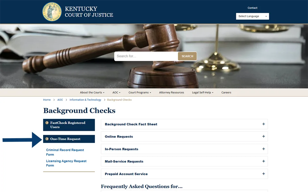 A screenshot from Kentucky court of justice website's background checks page with an arrow pointing at the one-time request button.