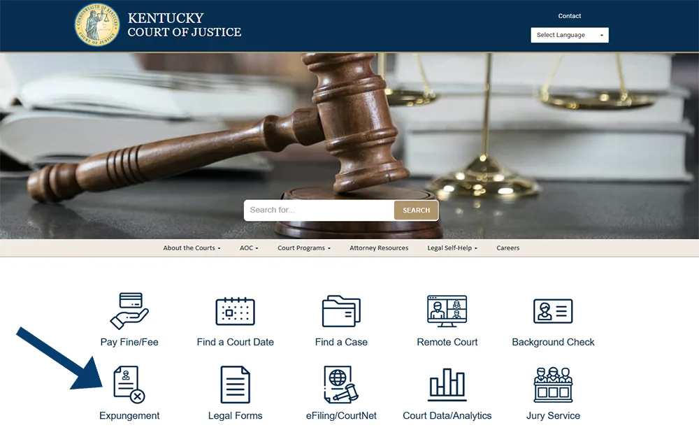 A screenshot from Kentucky Court of Justice website's homepage showing different icons and an arrow pointing to the Expungement icon.