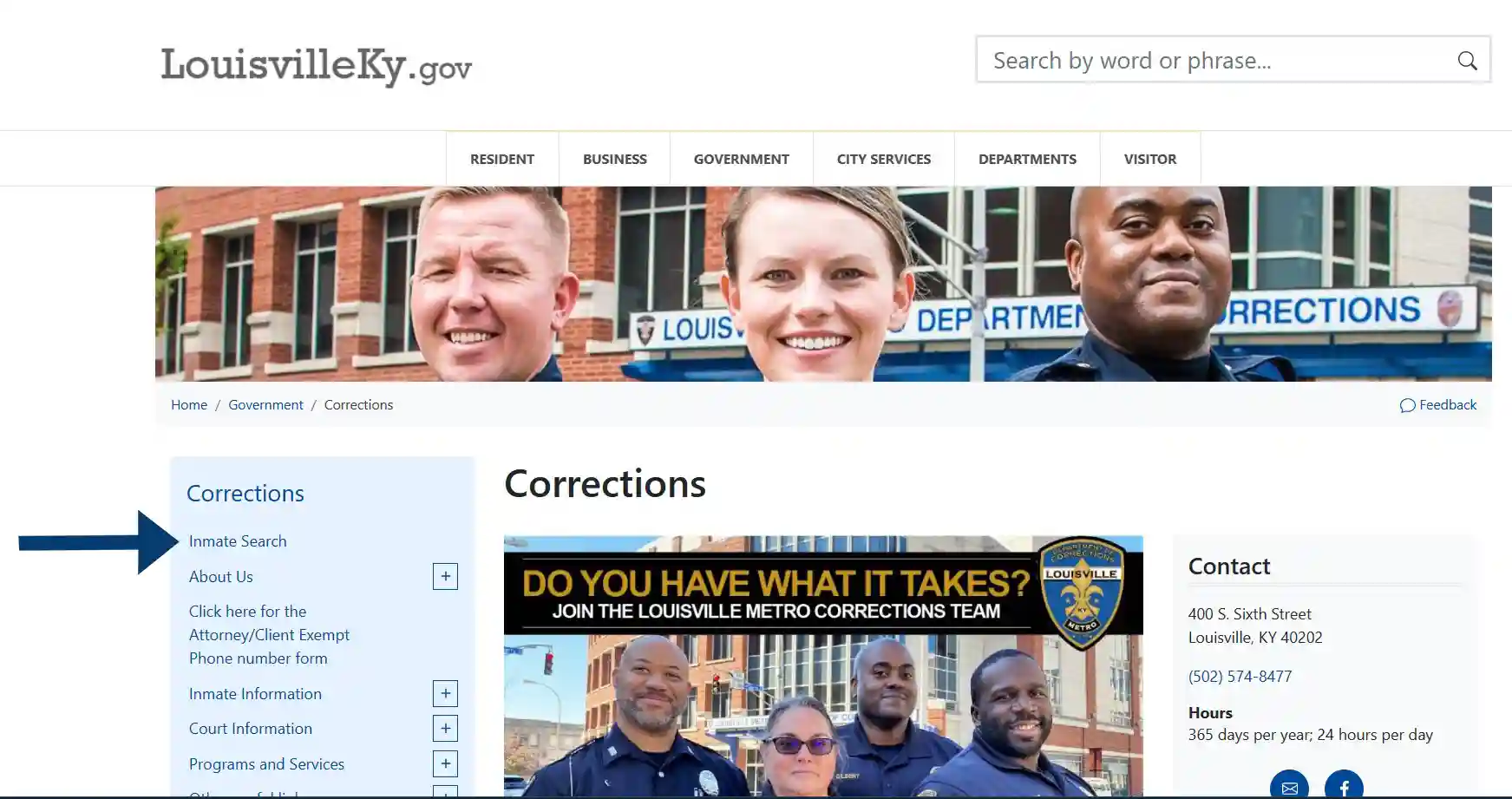 A screenshot from Louisville corrections website showing the homepage with an arrow pointing at the inmate search.