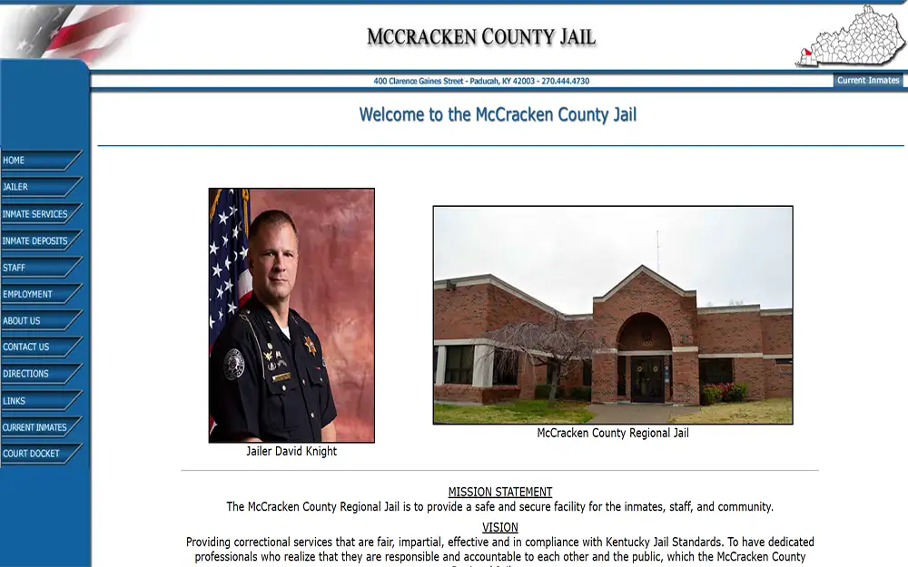 A screenshot from McCracken County Jail website's homepage showing a picture of Jailer David Knight and the McCracken County Regional Jail, and buttons on the side.