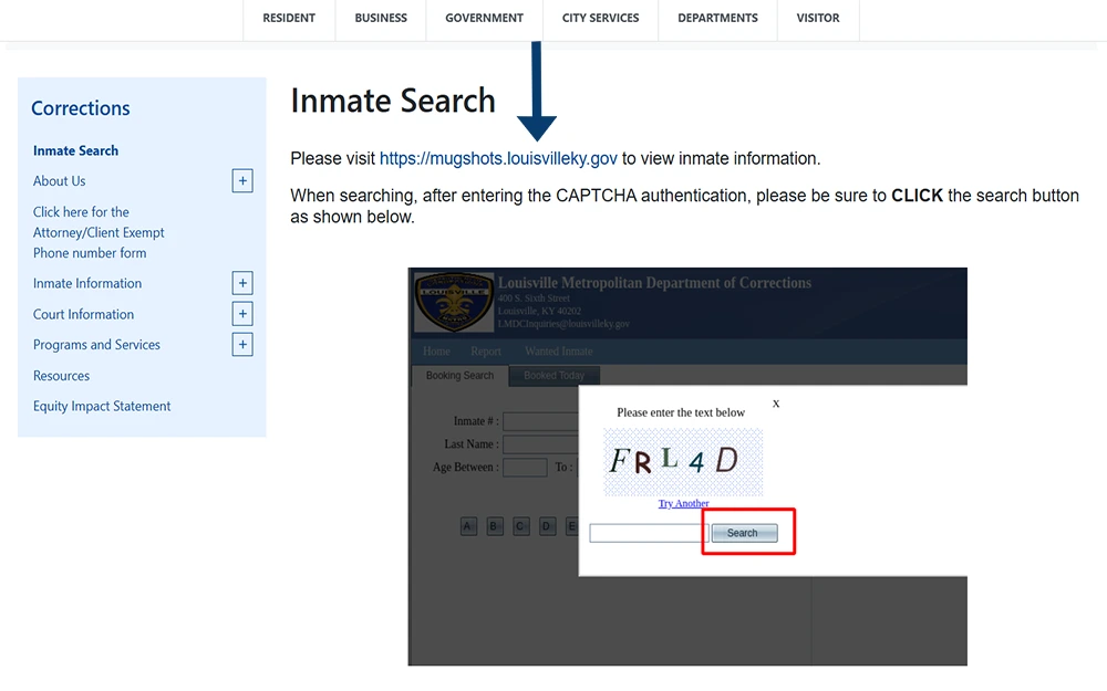 A screenshot from Louisville corrections website showing the inmate search page with an arrow pointing at the Louisville mugshots website link.