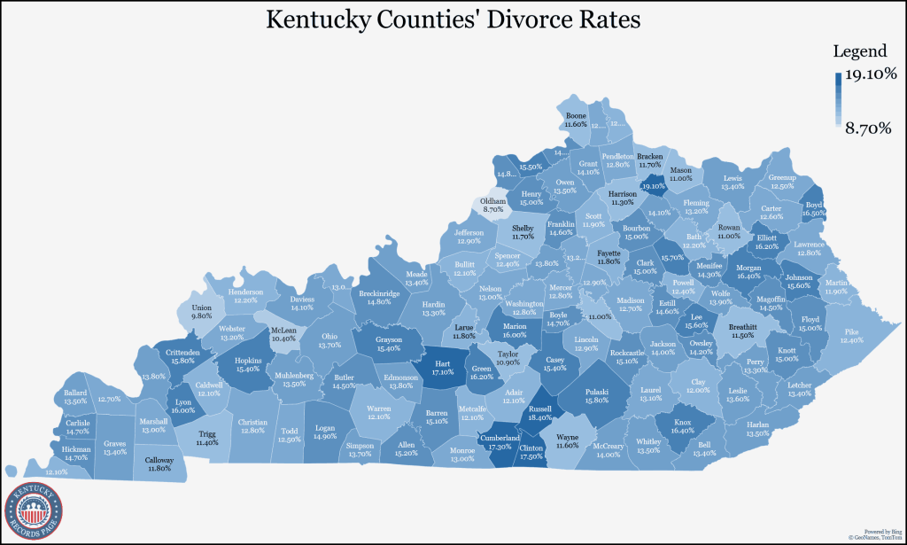 An image showing the map of Kentucky with its divorce rate data for every county.