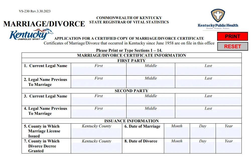Screenshot of a part of the application form for a certified copy of a marriage or divorce certificate with fields to be filled out, such as the current and previous legal names of both parties, the counties in which the marriage license was issued and/or the divorce decree was granted, and the dates of marriage and/or divorce.