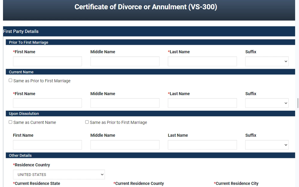 A screenshot of the online form used to obtain divorce or annulment document.