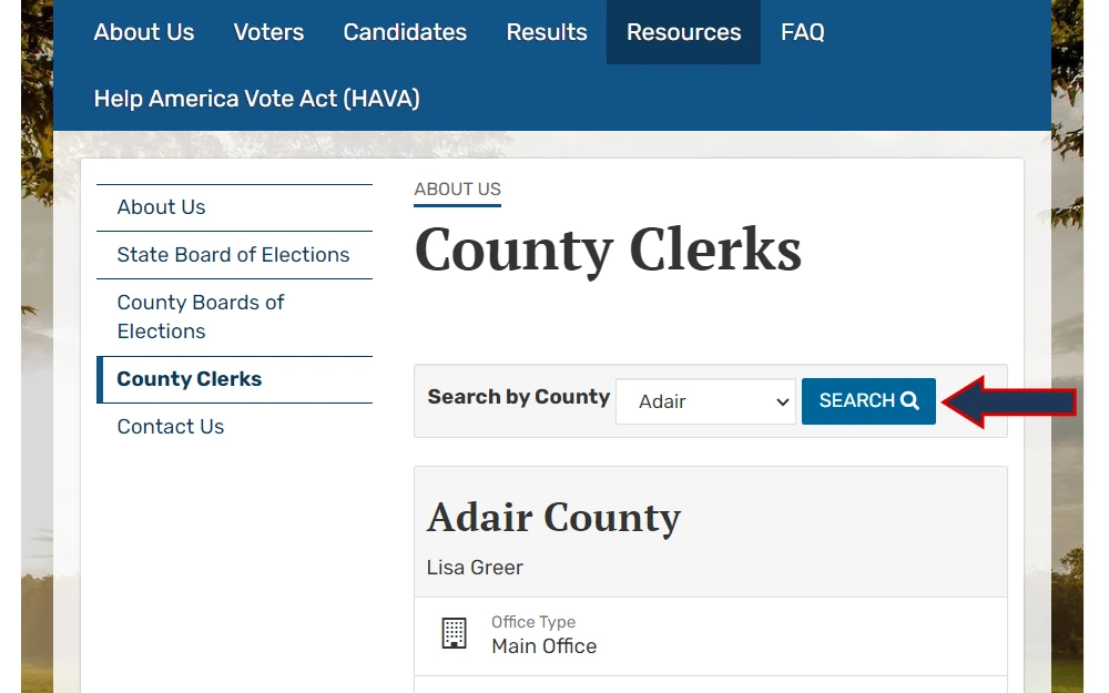 Screenshot of a partial search result from the Kentucky County Clerks 'search by county' feature showing Adair County's office type and point person, with an arrow pointing to the search button.