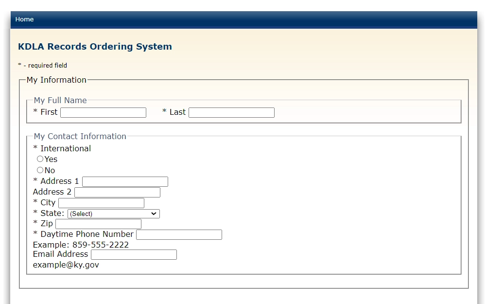 Screenshot of Kentucky Department of Libraries and Archives online record order form with fields for full name, address, phone number, and email address.