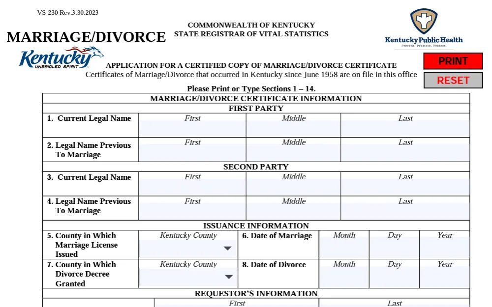 A screenshot of the form used to obtain marriage/divorce document in Kentucky.