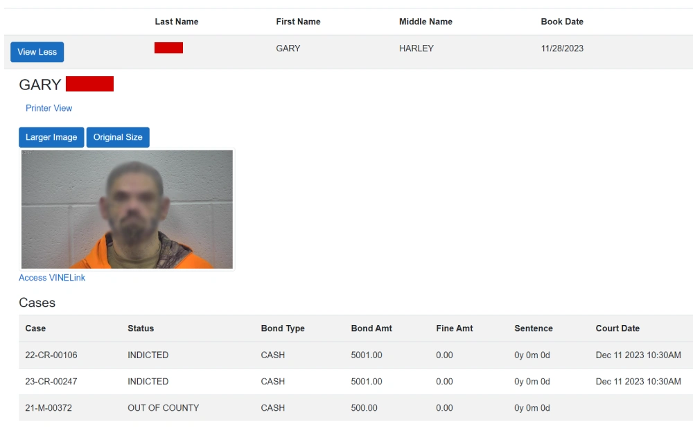 A detainee's profile from a correctional facility's public records, highlighting the individual's identification details, booking information, and case status with specific bond amounts and upcoming court dates, all displayed within an organized online system interface.