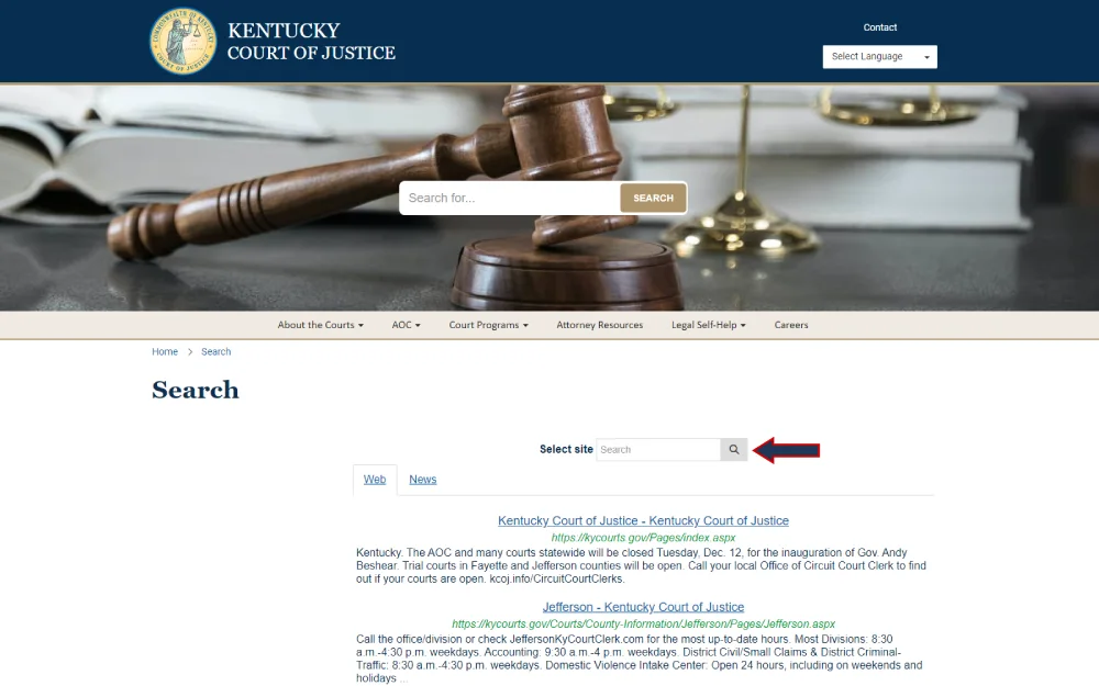 A webpage from the Kentucky Court of Justice featuring a search bar for legal resources, information about court closures, and a notice about the inauguration of a governor, alongside navigation links for various court and legal services.