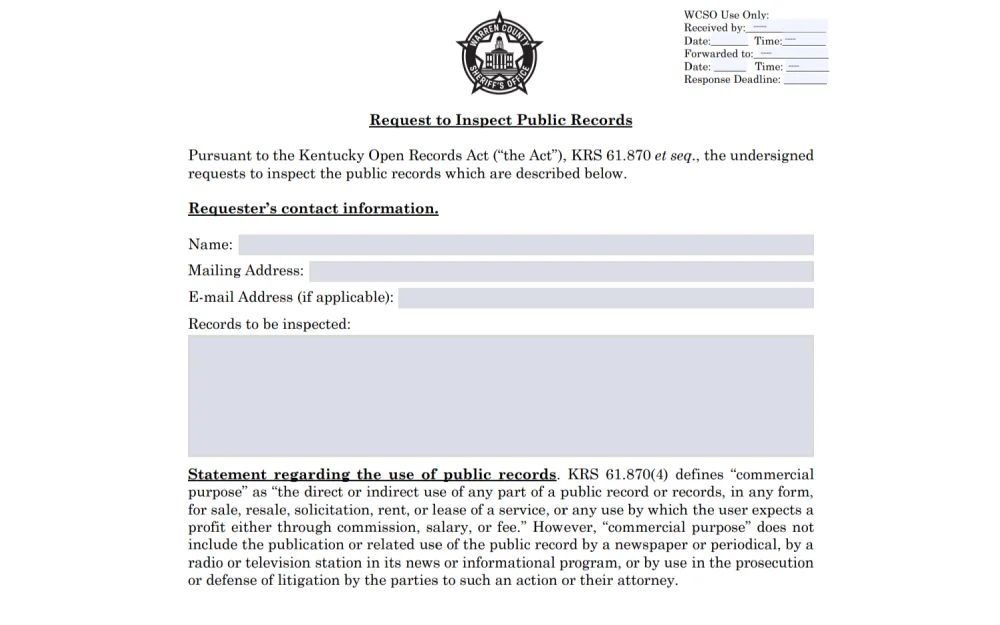 A official document for requesting to inspect public records in Kentucky, outlining the necessary requester contact information, including a statement regarding the use of public records as defined by state law, and spaces for personal details and the specific records to be inspected.
