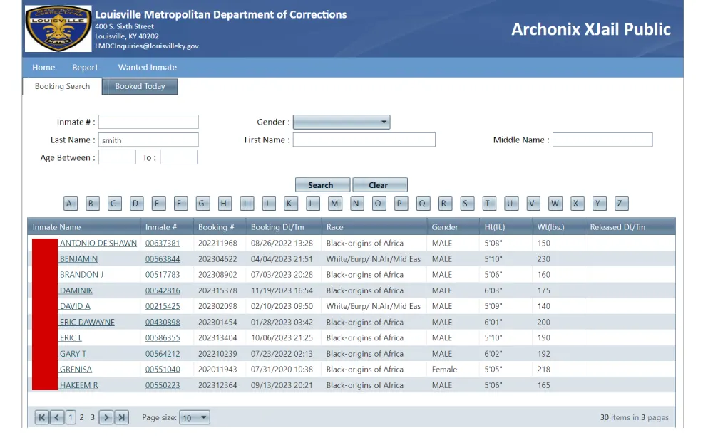 A web interface from the Louisville Metropolitan Department of Corrections showing a searchable booking list with details such as inmate names, inmate numbers, booking dates and times, race, gender, height, weight, and release dates.