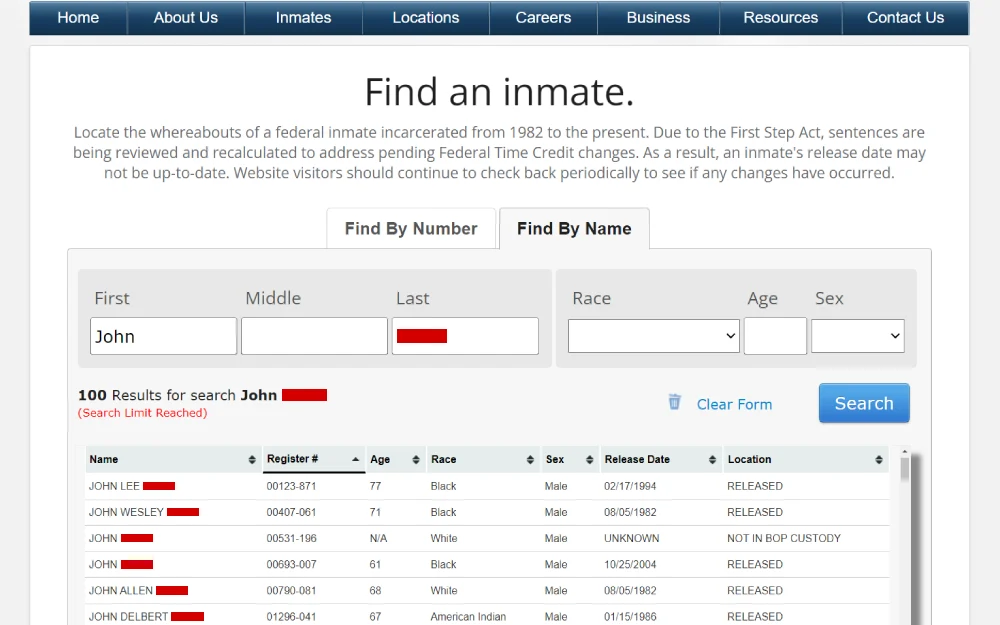 A screenshot from the Federal Bureau of Prisons featuring first name, listing multiple entries with obscured last names, along with their register numbers, ages, races, genders, release dates, and locations.