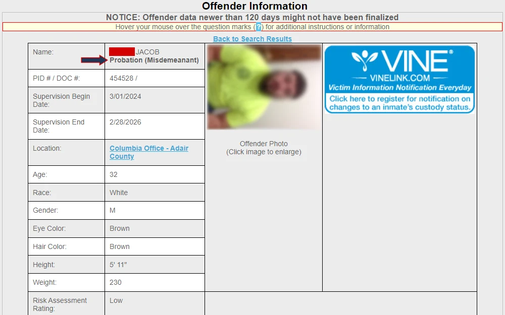 A screenshot of an offender information from the online offender lookup of the Kentucky Department of Corrections, displaying the first section which includes the individual's mugshot, name, offender type, DOC number, supervision date range, location, age, race, gender, eye and hair colors, height, weight, and risk assessment rating.