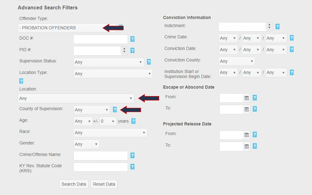 A screenshot of the advanced search options from the Kentucky Online Offender Lookup of the state Department of Corrections, showing the available fields to help filter the search while emphasizing the offender type, "Probation Offenders," and the drop-down menus for location and county of supervision with arrows.