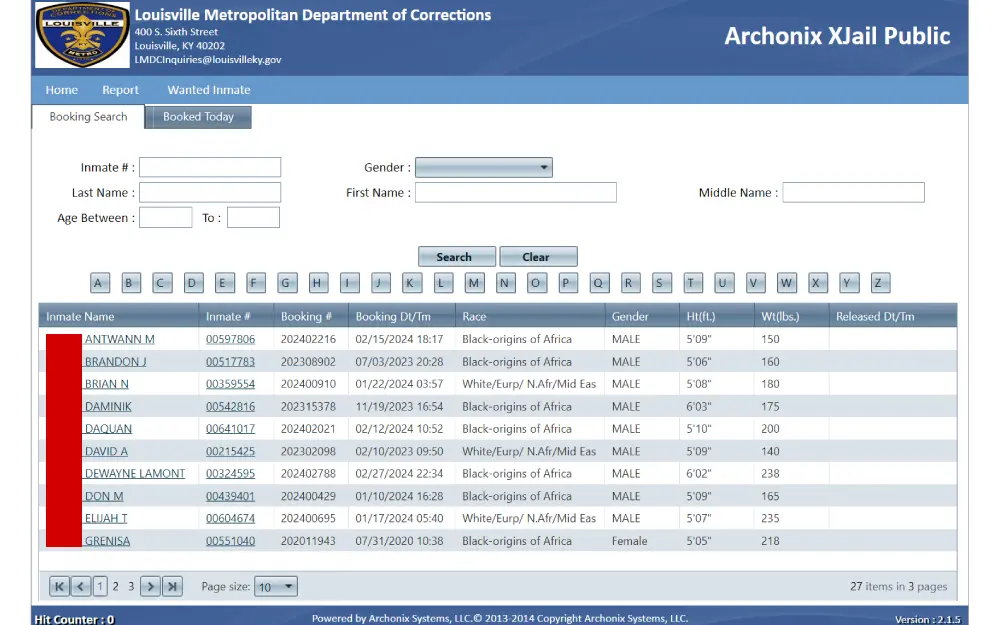 A screenshot from the Louisville Metropolitan Department of Corrections featuring several inmates with their names, identification numbers, booking details, race, gender, height, weight, and release dates.