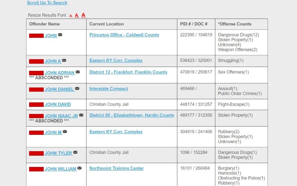 A screenshot from the Kentucky Department of Corrections featuring a list of offenders with their names, current facility locations, identification numbers, and counts of various offenses they have been charged with.