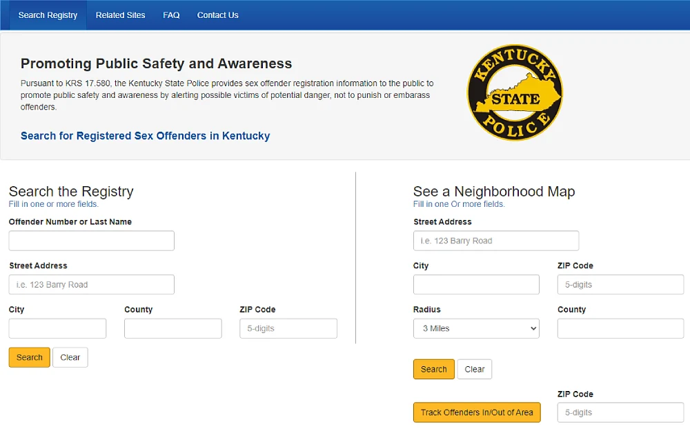 Kentucky sex offender registry screenshot by the KY state police, with entry boxes to search Kentucky public records free with name and address or by entering neighborhood information.