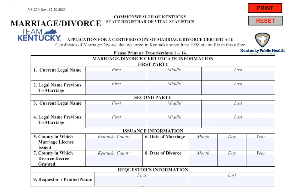 A screenshot displaying an application for a certified copy of a marriage or divorce certificate requires information such as the parties' legal names, the date of issuance and the requestor's details.