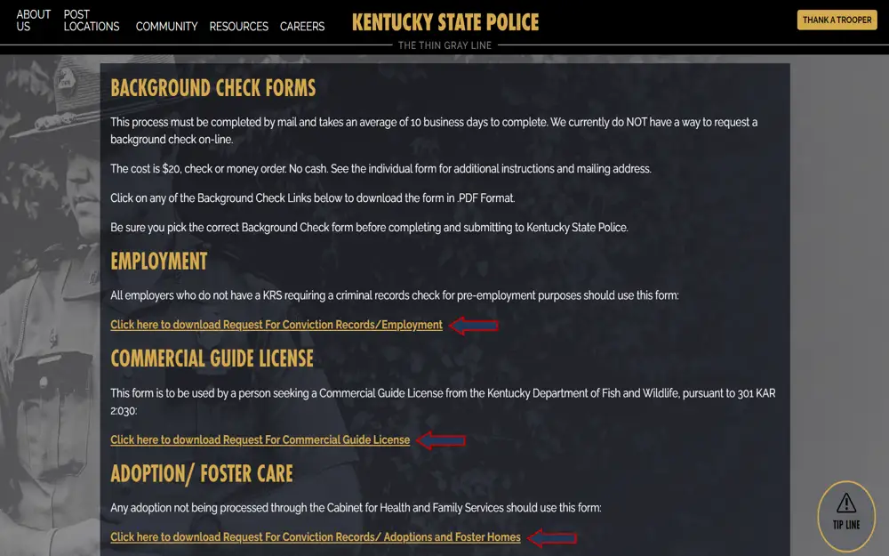 A screenshot from the Kentucky State Police displays a process for obtaining various background checks, including employment, commercial guide licenses, and adoption or foster care, with specified costs and procedural instructions.