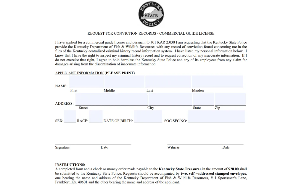 A screenshot shows a form titled "Request for Conviction Records - Commercial Guide License" from the Kentucky State Police, used to obtain criminal conviction records for individuals applying for a commercial guide license.