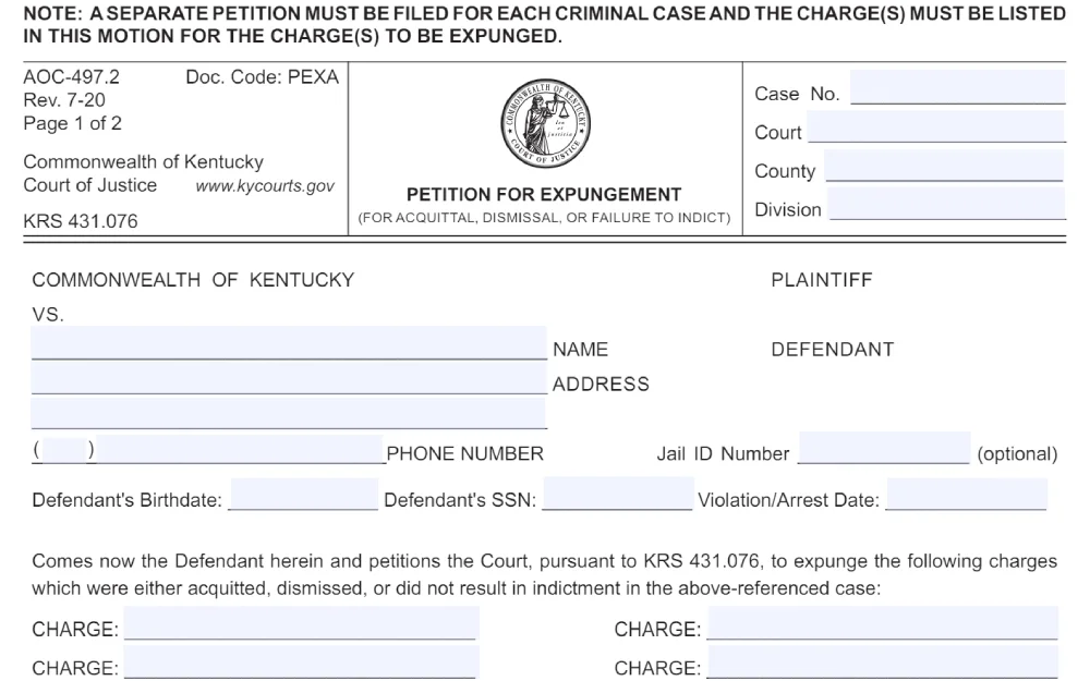 A screenshot shows a form from the Commonwealth of Kentucky Court of Justice titled "Petition for Expungement," used to request the removal of charges from a person's record in a judicial setting, indicating spaces for personal and case-specific details such as name, address, and charges to be expunged, accompanied by reference to legal statutes.
