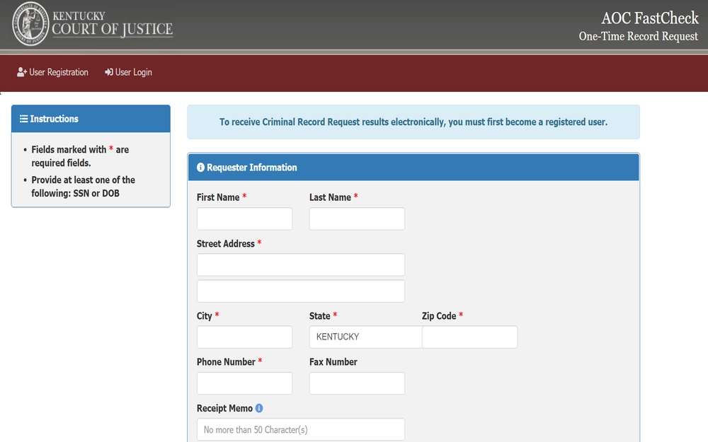 A screenshot displays the user registration and login page for accessing services from the Kentucky Court of Justice, detailing how to register to receive criminal record request results electronically, with fields for personal and contact information required for registration.