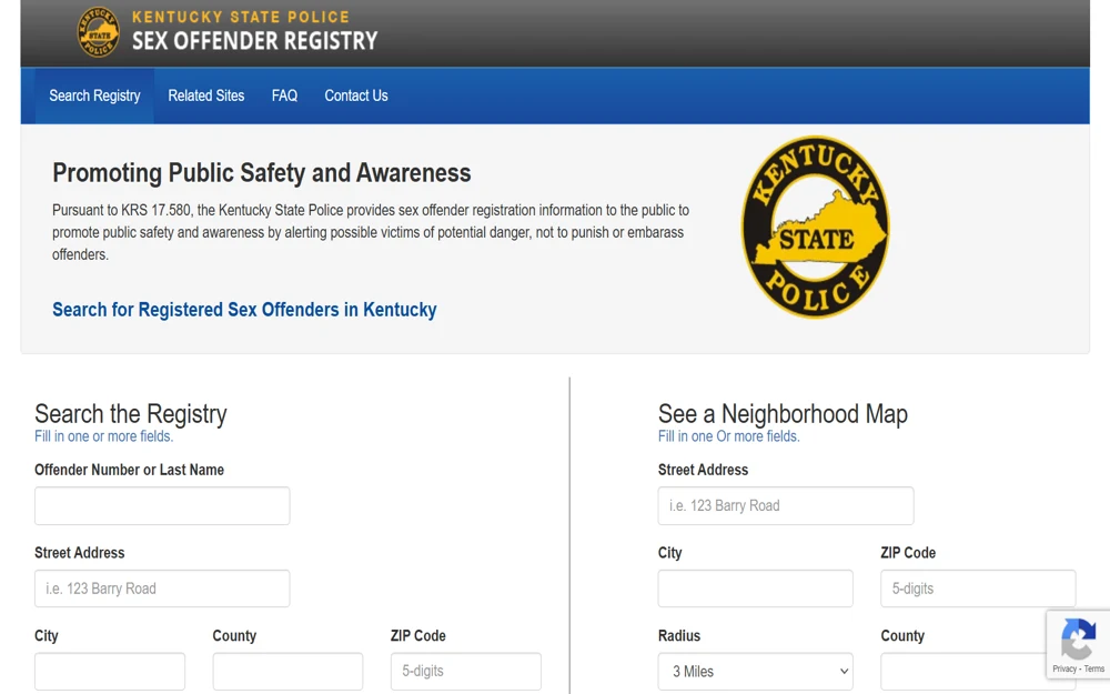 A screenshot displays the Kentucky State Police Sex Offender Registry webpage, which features a search function allowing the public to locate registered sex offenders by entering details such as offender number, last name, or address to enhance community safety and awareness.