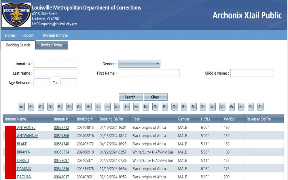 A screenshot from the Louisville Metropolitan Department of Corrections website where users can search for inmates by various criteria such as inmate number, name, age, and gender, alongside a snapshot of recent booking records displayed with details including inmate name, number, booking date and time, gender, height, weight, and release date.