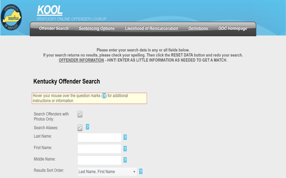 A screenshot from the Kentucky Department of Corrections displays an online search tool for searching offenders, featuring fields for entering first, last, and middle names, with additional options to search aliases or only display offenders with photos, complete with helpful information icons for guidance.