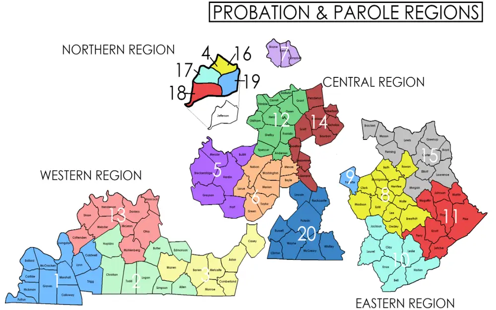 A screenshot from the Commonwealth of Kentucky Department of Corrections shows a color-coded map detailing the division of a state into various regions labeled as Northern, Central, Western, and Eastern, each comprising numbered areas for specific administrative purposes, such as probation and parole management.