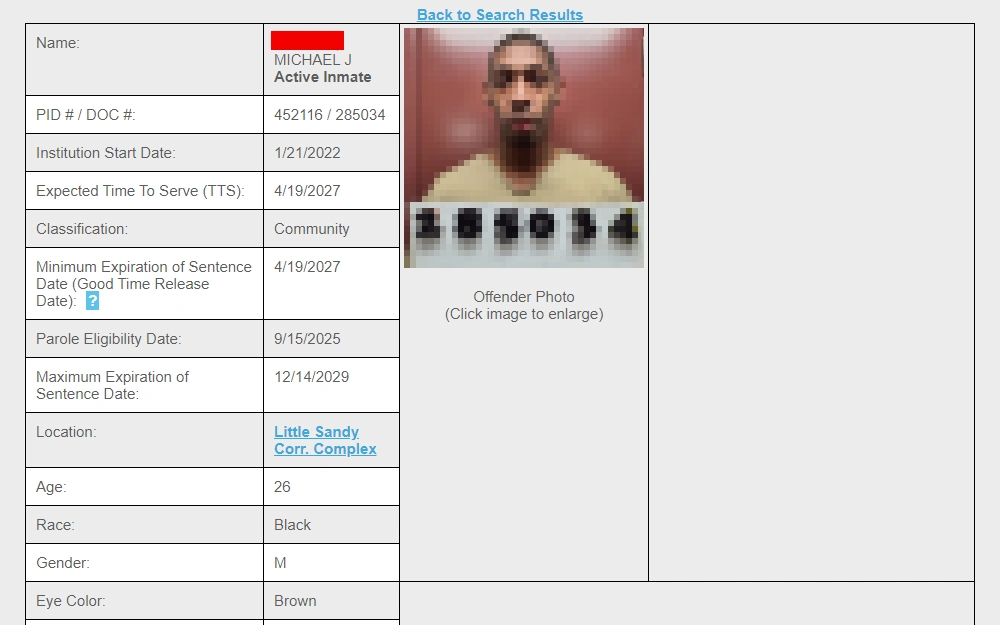 A screenshot from the Kentucky Department of Corrections' offender search page displays an inmate record, including personal details, incarceration information, and a mugshot photo.