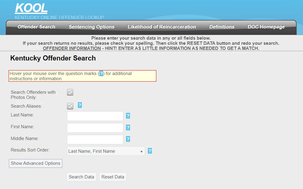 A screenshot of the Kentucky Online Offender Lookup (KOOL) search page, where users can search for offenders by name, aliases, and other criteria, with options to filter results by photos and sort order.