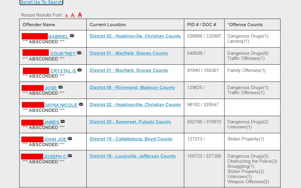 A screenshot of Kentucky Online Offender Lookup search results showing a table with offenders' names, current locations, PID/DOC numbers, and offense counts.