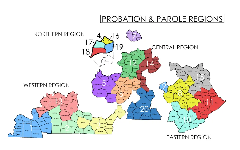 A screenshot of the map of Kentucky showing the state divided into Probation & Parole Regions, with Northern, Western, Central, and Eastern regions labeled and numbered districts.